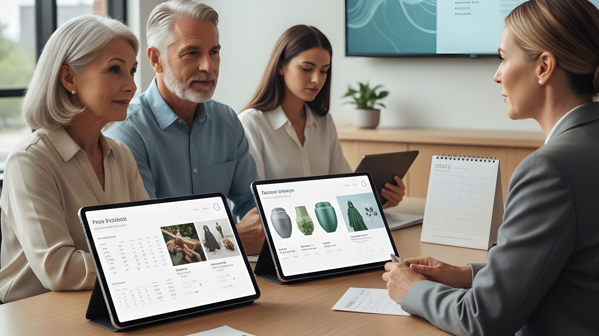 A family reviewing preplanning documents together in a living room