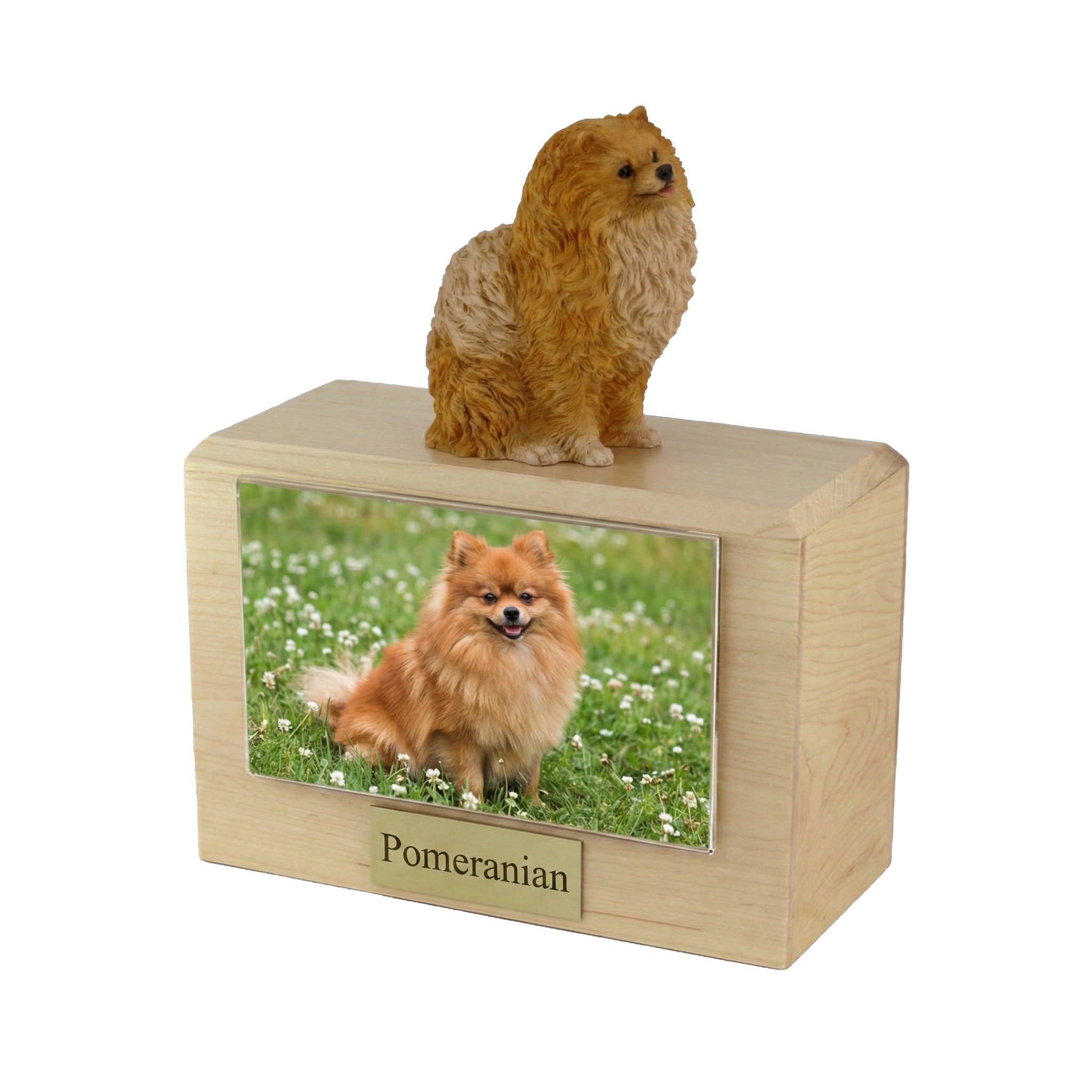 Wooden Pet Urn w/ Sitting Brown Pomeranian Figurine & 3.5x5 Photo