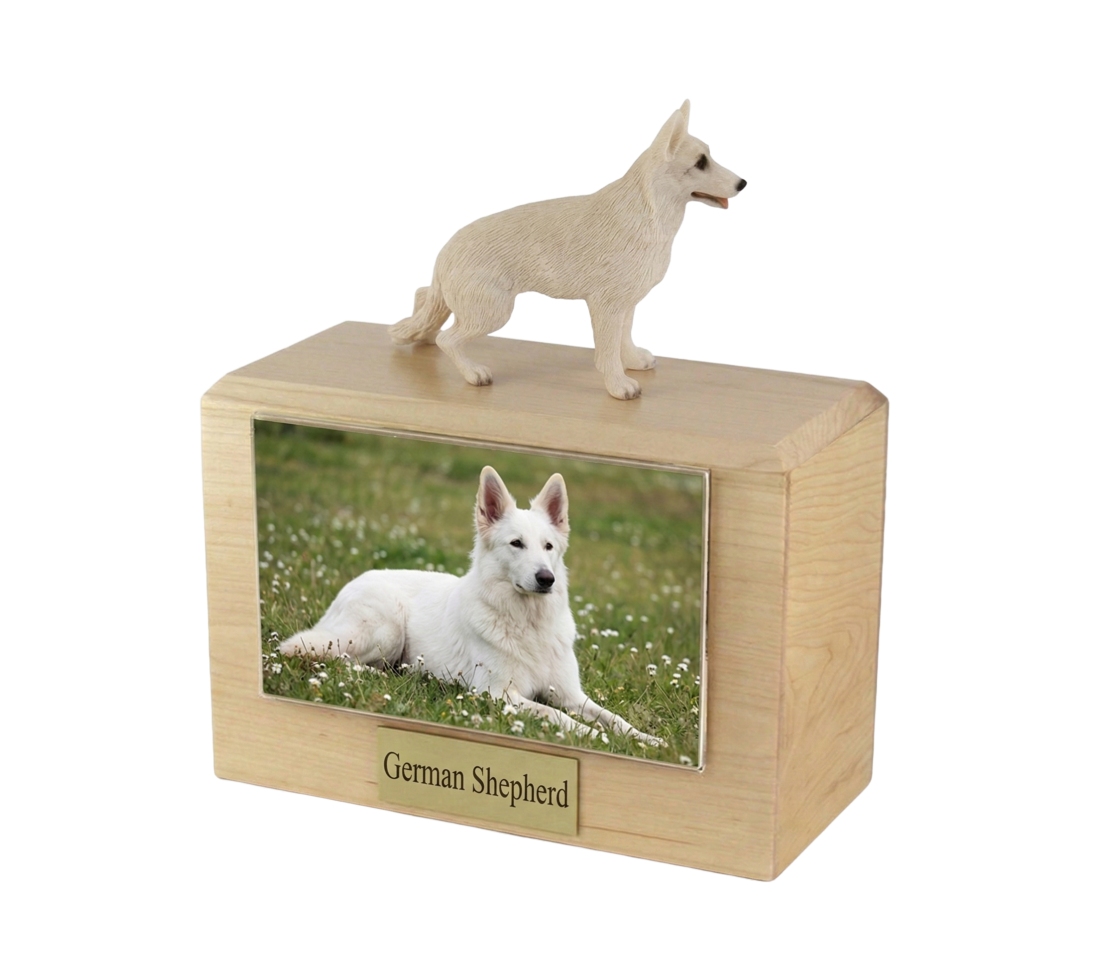 Wooden Pet Urn with Standing White German Shepherd Figurine & 3.5