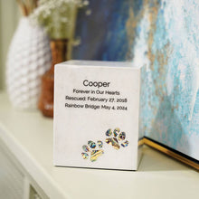 White Marble Paws Print Inlay Medium Pet Cremation Urn - Lifestyle