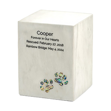 White Marble Paws Print Inlay Medium Pet Cremation Urn