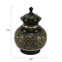 Black Brass Large Urn with Hand-Etched Engraved Design - Dimensions