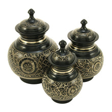 Black Brass Large Urn with Hand-Etched Engraved Design - Size