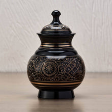 Black Brass Medium Urn with Hand-Etched Engraved Design - Lifestyle
