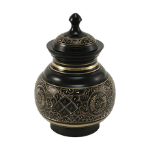 Black Brass Medium Urn with Hand-Etched Engraved Design