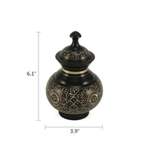 Black Brass Small Urn with Hand-Etched Engraved Design - Dimensions