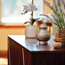 Silver Brass Medium Urn with Hand-Etched Engraved Design - Lifestyle 