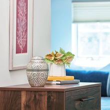 Silver Brass Large Urn with Embossed Leaf and Vine Design - Lifestyle