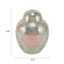 Silver Brass Large Urn with Pink Lotus Floral Etching - Dimensions