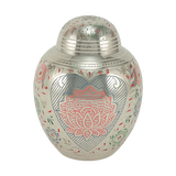 Silver Brass Large Urn with Pink Lotus Floral Etching