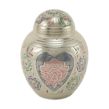 Silver Brass Medium Urn with Pink Lotus Floral Etching