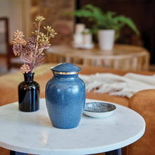 Speckled Blue Brass Large Pet Urn with Accent Ring - Lifestyle