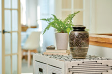 Classic Hand-Engraved Ornate Brass Black Adult Cremation Urn - Lifestyle