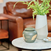 Textured Green Brass Cat Silhouette Medium Pet Cremation Urn - Lifestyle