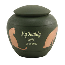 Textured Green Brass Cat Silhouette Medium Pet Cremation Urn - Personalized