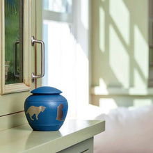 Textured Blue Brass Cat Silhouette Medium Pet Cremation Urn - Lifestyle