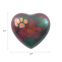 Raku Brass Heart Keepsake Pet Urn with Classic Paw Print - Dimensions
