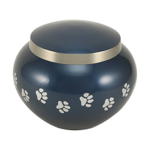 Classic Round Deep Blue Paw Band Large Pet Cremation Urn
