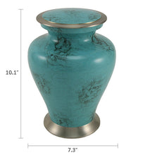 Hand-Painted Teal Blue Swirling Marble Adult Cremation Urn - Dimensions 