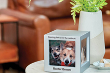White photo cube with two dog images on a table in a living room setting