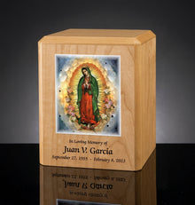 Classic Our Lady of Guadalupe Wooden Cremation Urn