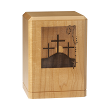 Three Crosses with Rosary Wooden Cremation Urn