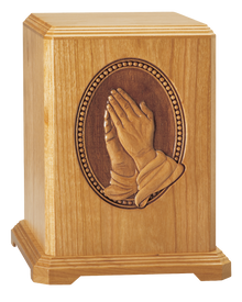 Sculpted Laser-Carved Praying Hands Wooden Cremation Urn