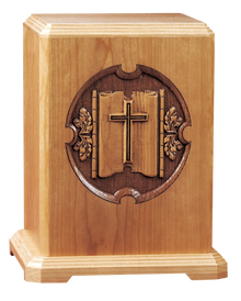 Sculpted Laser-Carved Linen Fold Cross Wooden Cremation Urn