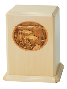 Sculpted Laser-Carved Angler's Cove Wooden Cremation Urn