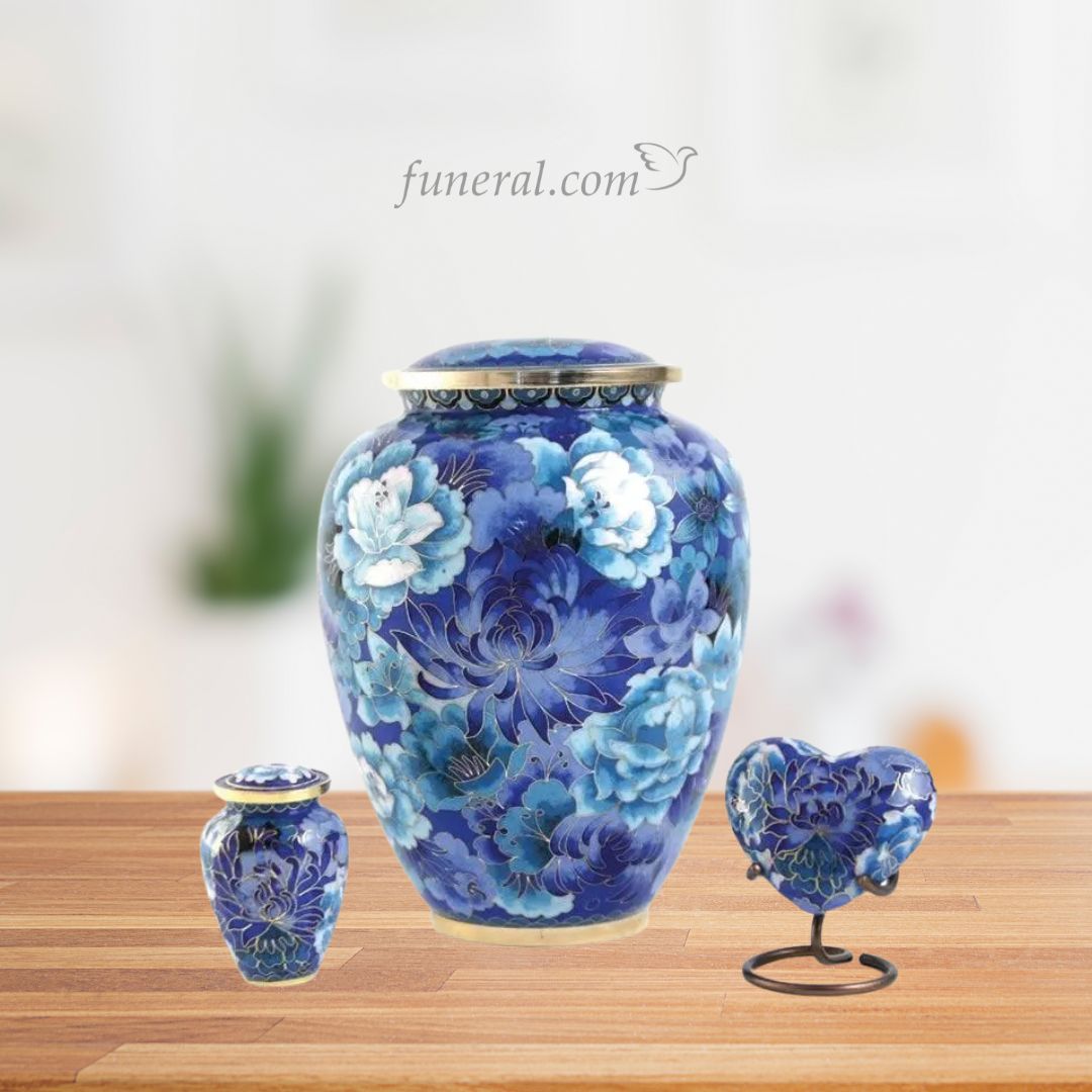 Elite Blossom Blue Cloisonné Urn Set with Background