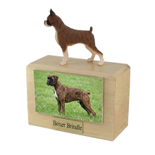 Wooden Pet Urn with Standing Boxer Brindle with Ears Up Figurine & 4x6 Inches Photo Holder