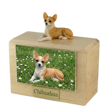 Wooden Pet Urn with Lying Down Chihuahua Figurine & 4x6 Inches Photo Holder