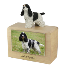 Wooden Pet Urn with Spotted Cocker Spaniel Figurine & 4x6 Inches Photo Holder
