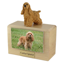 Wooden Pet Urn with Buff Cocker Spaniel Figurine & 4x6 Inches Photo Holder