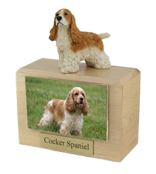 Wooden Pet Urn with Tan Cocker Spaniel Figurine & 4x6 Inches Photo Holder