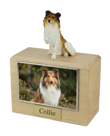 Wooden Pet Urn with Paw Up Collie Figurine & 4x6 Inches Photo Holder