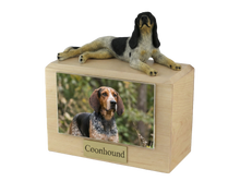 Wooden Pet Urn with Lying Down Coonhound Figurine & 3.5x5 Inches Photo Holder