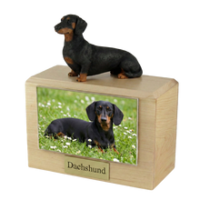 Wooden Pet Urn with Black Dachshund Figurine & 4x6 Inches Photo Holder