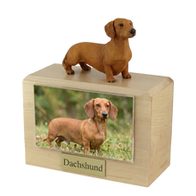 Wooden Pet Urn with Red Brown Dachshund Figurine & 4x6 Inches Photo Holder