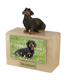 Wooden Pet Urn with Wired-haired Dachshund Figurine & 4x6 Inches Photo Holder