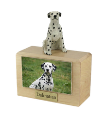 Wooden Pet Urn with Sitting Dalmatian Figurine & 4x6 Inches Photo Holder