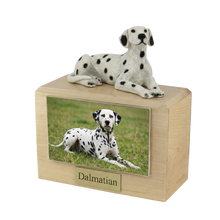 Wooden Pet Urn with Lying Down Dalmatian Figurine & 4x6 Inches Photo Holder