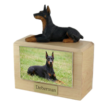 Wooden Pet Urn with Lying Down Doberman Figurine & 4x6 Inches Photo Holder