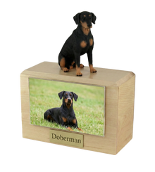 Wooden Pet Urn with Sitting Doberman Figurine & 4x6 Inches Photo Holder