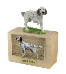 Wooden Pet Urn with Standing English Setter Figurine & 4x6 Inches Photo Holder