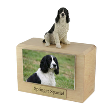 Wooden Pet Urn with Sitting Springer Spaniel Figurine & 4x6 Inches Photo Holder