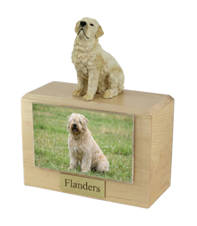 Wooden Pet Urn with Sitting Flanders Figurine & 4x6 Inches Photo Holder
