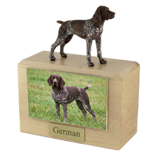 Wooden Pet Urn with Shorthaired German Figurine & 4x6 Inches Photo Holder