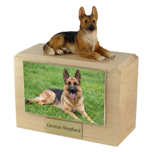 Wooden Pet Urn with Lying Down German Shepherd Figurine & 4x6 Inches Photo Holder