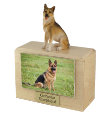 Wooden Pet Urn with Sitting German Shepherd Figurine & 4x6 Inches Photo Holder